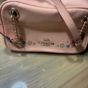 Coach Cammie Chain Shoulder Bag Pink Pebble Grain W/ Floral Whipstitch